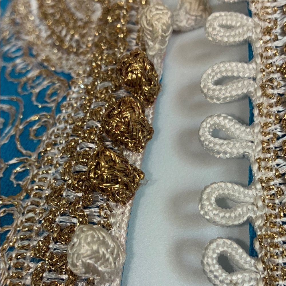 Elegant turquoise Kaftan/robe, elaborate & gold white embroidery Trophy Vintage! - Picture 10 of 17